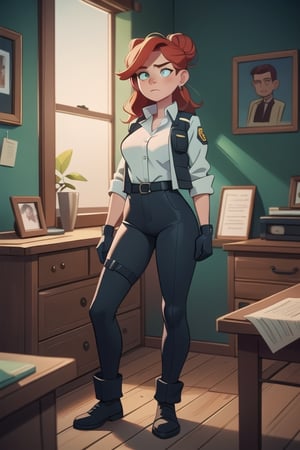 Raw realistic cinematic potrait of a beautiful redhead woman fbi agent,in black bullet proof vest over white shirt in uniform, hair neatly swept in bun, green eyes, beautiful round face in her office grainy cinematic, godlyphoto r3al, detailmaster2, aesthetic portrait, cinematic colors, earthy, moody