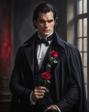 high waist oil painting potarait of handsome magician in black magician coat and Black hair ,((Henry Cavill inspired)), holding a red rose in hand,dark brown eyes, (((clean shaven))))),character portrait, , wearing white shirt,(((((( tinted glass design background)))))) tinted glass window background,,inspired by Charlie Bowater, & a dark, sk, build body, muscles grainy cinematic, godlyphoto r3al, detailmaster2, aesthetic portrait, cinematic colors, earthy, moody 