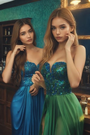 raw realistic cinematic potrait of two beautiful girl, with long golden hair,, best friend applying eyeshadow on her eyes,, beautiful face, perfect anatomy detailed face, beautiful perfect body,one hand around her, wearing,one girl is wearing blue shimmery fantasy gown, and one girl is wearing green gown,((((cottaroom background))) cottage bar,grainy cinematic, godlyphoto r3al, detailmaster2, aesthetic portrait, cinematic colors, earthy, moody