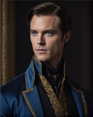 realistic potarait  of a person wearing a shirt, blue eyes, , portrait of a victorian duke, gold and black blue jacket, fantasy, cinematic dark shadows, serious look on face, jacen solo, ((clean shaven))cassandra cain in satin man, of photorealistic d - intricated background. signature,image, dark, sk, build body, muscles(((((((( grainy cinematic, godlyphoto r3al, detailmaster2, aesthetic portrait, cinematic colors, earthy, moody)))))) 