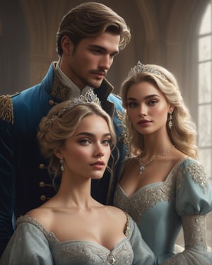 a man and a  blonde woman standing next to each other, concept art, by Charlie Bowater, sots art, cinderella, jade tiara and necklace, private moment, alejandro burdisio art, thumbnail, royal wedding, f/9, face detailing, promotional artwork, commission for, olivia culpo as milady de winter, on cg society, card art, showcasegrainy cinematic, godlyphoto r3al, detailmaster2, aesthetic portrait, cinematic colors, earthy, moody 