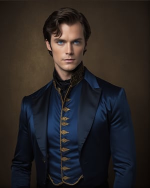 realistic potarait  of a person wearing a shirt, blue eyes, , portrait of a victorian duke, gold and black blue jacket, fantasy, cinematic dark shadows, serious look on face, jacen solo, ((clean shaven))cassandra cain in satin man, of photorealistic d - intricated background. signature,image, dark, sk, build body, muscles(((((((( grainy cinematic, godlyphoto r3al, detailmaster2, aesthetic portrait, cinematic colors, earthy, moody)))))) 