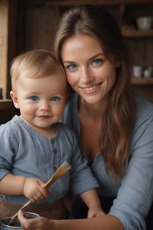 raw realistic potarait of raw cinematic potrait of a beautiful girl with golden brown hair blue eyes in simple clothes with her beautiful dark haired baby boy with blue eyes, candid moment, smiling looking at him  ,perfect anatomy, she's teaching him to paint cottage old cottage room full with artistic supplies, dark room,by  cinematic portrait, (beautiful) girl, big cheekbones, , with round face, realistic - n 9, artist unknown, ann stokes, ((((cinemtic lookcinemtic look , (((((((grainy cinematic,  godlyphoto r3al,detailmaster2,aesthetic portrait, cinematic colors, earthy , moody,  )))))))