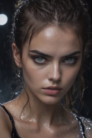 close up of a beautiful girl, ((((glowing silver  eyes)))), fierce look in eye, angry, drenched in water, wearing black gown angry looking at camera pointing a finger towards camera, dark black plain background, she point her finger at camera ae death promise,wet hair like she come out of water,ultra detailed, masterpiece, 8k.cinemtic look  grainy cinematic, fantasy vibes  godlyphoto r3al,detailmaster2,aesthetic portrait, cinematic colors, earthy , moody,  