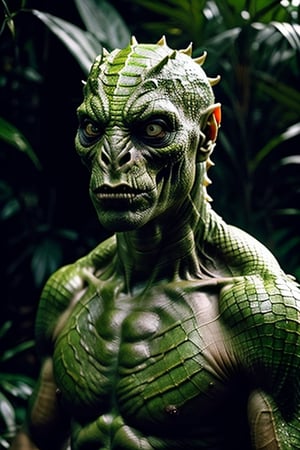 hyper realistic photography, 8k, reptilian serpentine faced man, tall, muscular,  piercing gaze, detailed skin, camouflaged skin, classic character, stylized, realistic 3d, high resolution, detailed, intricate details, subsurface scattering, global illumination, cinematic lighting, expression evil, creepy, scary, horror, dark, sinister,, standing in jungle, Greek mythology 