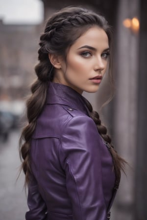 beautiful realistic potaraitof a beautiful woman,  skin, beautiful (( grey eyes )))))) long dark brown hair in braid
, wearing purple fitted leather suit ,beautiful perfect face, perfect body,, perfect beautiful face grainy cinematic, godlyphoto r3al, detailmaster2, aesthetic portrait, cinematic colors, earthy, moody
