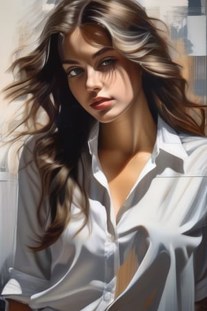 painting of beautiful girl with a white shirt, in the style of realistic and hyper-detailed renderings, ferrania p30, andrei markin, light silver and dark bronze, serene faces, wavy, eye-catching detail 