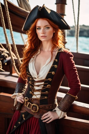 create a full body portrait of abeautiful redhead pirate woman , ((hazel green eyes)) fade freckles , she's on a ship , wearing pirate attire, pirate woman detailed,photo r3al,Movie Still,Film Still,Cinematic,Qftan,aesthetic portrait,sexy,  perfect body 