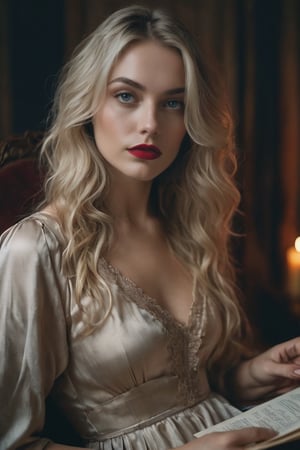 raw realistic potarait of a beautiful woman 40 yr, long wavy blonde hair, blue eyes, red lipstick wearing beige silk nightgown,beautiful face, reading a letter in her hand reading sitting on her rocking chair in dark gothic room background grainy cinematic,  godlyphoto r3al,detailmaster2,aesthetic portrait, cinematic colors, earthy , moody,  look , grainy cinematic, fantasy vibes  godlyphoto r3al,detailmaster2,aesthetic portrait, cinematic colors, earthy , moody,  