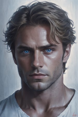 raw realistic cinematic potrait  oil painting of of blue man ,red eyes, blueish Grey skin, muscular, wearing white shirt, supernatural human, detailed handsome face, dark blonde hair,red eyes,grainy cinematic, godlyphoto r3al, detailmaster2, aesthetic portrait, cinematic colors, earthy, moody