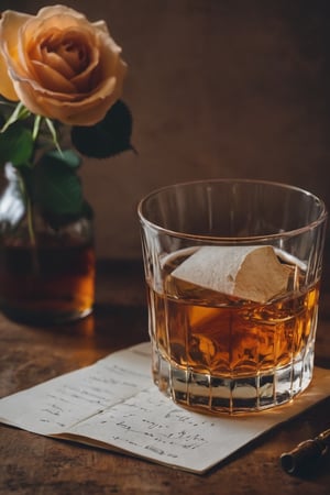 raw realistica photo of a scene of a glass of whisky, and  a rose  and a note beside glass grainy cinematic,  godlyphoto r3al,detailmaster2,aesthetic portrait, cinematic colors, earthy , moody,  look , grainy cinematic, fantasy vibes  godlyphoto r3al,detailmaster2,aesthetic portrait, cinematic colors, earthy , moody,  