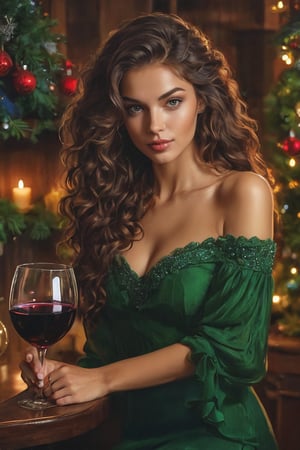 realistic  of beautiful young woman in green off shoulder dress, (((((long curly hair))))) ((((holding Long wine glass)))(green eyes, tanned skin, Christmas decorations background, at Christmas party,secy beautiful, extremely beautiful perfect anatomy, by Alexander Kanoldt, Artstation, cinematic  portrait, (beautiful) girl, big cheekbones,  painting of sexy, doodle, diego dayer, with round face, realistic - n 9, artist unknown, ann stokes, cute adorable, sharpie, cinemtic look, grainy cinematic, fantasy vibes godlyphoto r3al, detailmaster2, aesthetic portrait, cinematic colors, earthy, moodygrainy cinematic, godlyphoto r3al, detailmaster2, aesthetic portrait, cinematic colors, earthy, moody 