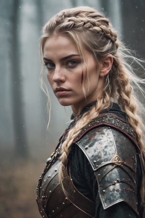 raw realistic a beautiful javlin female warrior in armor , medieval warrior, blonde hair in a loose braid))), swaying a sword, blood spalsh on her, brown eyes , looking at camera background grainy cinematic,  godlyphoto r3al,detailmaster2,aesthetic portrait, cinematic colors, earthy , moody,  look , grainy cinematic, fantasy vibes  godlyphoto r3al,detailmaster2,aesthetic portrait, cinematic colors, earthy , moody,  