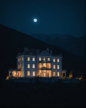 a beautiful large manor house on top of a mountain, beautiful night view, window illuminated, white marble, beautiful grainy cinematic, godlyphoto r3al, detailmaster2, aesthetic portrait, cinematic colors, earthy, moody