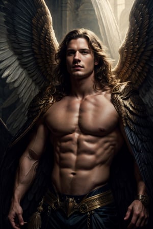 photorealistic portrait of a muscular male angel hiding behind his big wings, large wings, highly detailed portrait, atmospheric lighting, high quality, 4 k, by leonardo gallagher ich parrish, tom bagshaw, smooth, sharp focus, by gaston bussiere  and j