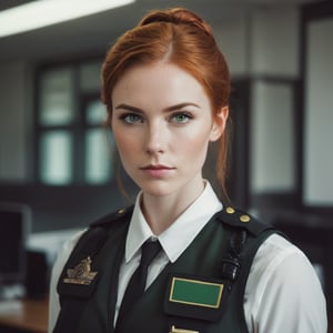 Raw realistic cinematic potrait of a beautiful redhead woman fbi agent,in black bullet proof vest over white shirt in uniform, hair neatly swept in bun, green eyes, beautiful round face in her office grainy cinematic, godlyphoto r3al, detailmaster2, aesthetic portrait, cinematic colors, earthy, moody