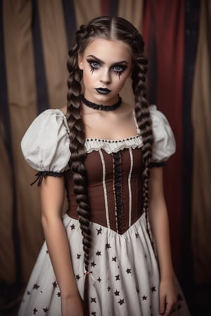 photography, a beautiful girl, brown eyes,wearing a doll dress,long dark brown braided braids, , wearing  simple horror broken doll makeup, inocent eyes, beautiful and creepy, circus doll ,, carnival backdrop 
