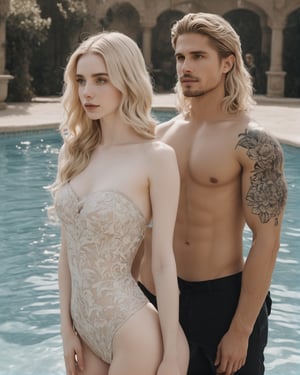 a woman standing next to a man in a pool, inspired by Károly Lotz, tumblr, ornate long blond hair, eric winter, ink on skin, watermarked, disney photo realistic, ivory pale skin, machin3, trickster, petals, lower quality, cg original, thy, shoulder tattoo, charles bowater, feral languid emma roberts