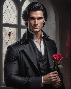 high waist oil painting potarait of handsome man in black magician coat and Black hair ,holding a red rose in hand,dark brown eyes, (((clean shaven))))),character portrait, , wearing white shirt,(((((( tinted glass design background)))))) tinted glass window background,,inspired by Charlie Bowater, & a dark, sk, build body, muscles grainy cinematic, godlyphoto r3al, detailmaster2, aesthetic portrait, cinematic colors, earthy, moody 
