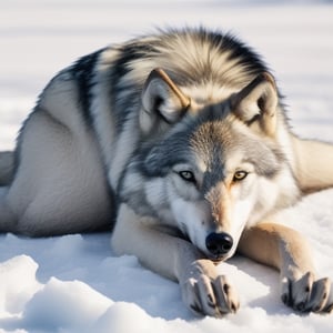 white Wolf, male wolf lay dead on snow,dead with an arrow in his one eye , blood dripping,dad wolf,big, ice, snow, realistic, 8k, red eyes,