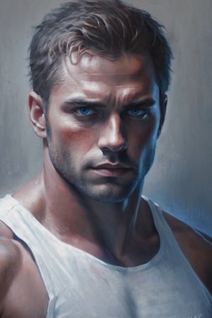 raw realistic cinematic potrait  oil painting of of blue man ,red eyes, blueish Grey skin, muscular, wearing white shirt, supernatural human, detailed handsome face, dark blonde hair,red eyes,grainy cinematic, godlyphoto r3al, detailmaster2, aesthetic portrait, cinematic colors, earthy, moody