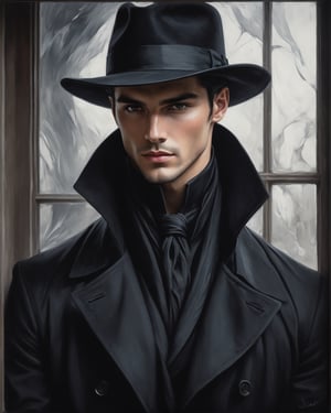 high waist oil painting potarait of handsome man in black magician coat and Black hair (((hiding his face with his black hat,,holding dark brown eyes, (((clean shaven))))),character portrait, , wearing white shirt,(((((( tinted glass design background)))))) tinted glass window background,,inspired by Charlie Bowater, & a dark, sk, build body, muscles grainy cinematic, godlyphoto r3al, detailmaster2, aesthetic portrait, cinematic colors, earthy, moody 