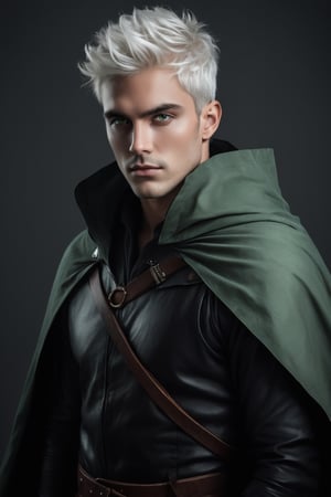 high waist potarait of a man , white  messy hair, light green eyes, sductive character portrait, , wearing a warrior leather clothes and a cloak, plain black grey background,,inspired by Charlie Bowater, & a dark, sk, build body, muscles grainy cinematic, godlyphoto r3al, detailmaster2, aesthetic portrait, cinematic colors, earthy, moody 