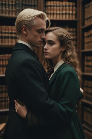 a cinematic close up shot of draco Malfoy and Hermione granger holding each other romantic in Hogwarts library,,dark aesthetic , dark academia romantic pose,grainy cinematic, godlyphoto r3al, detailmaster2, aesthetic portrait, cinematic colors, earthy, moody