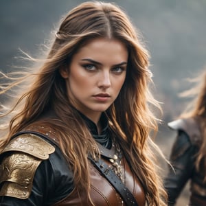 Medieval . beautiful warrior girl in leather fighting clothes. beautiful faces , grey eyes,, long golden brown long wavy hair wearing warrior leathers  in background +(beautiful face)grainy cinematic,  godlyphoto r3al,detailmaster2,aesthetic portrait, cinematic colors, earthy , moody,  