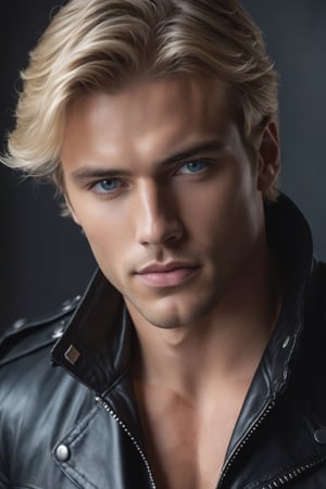 beautiful raw realistic cinematic potarait of handsome  Caucasian man blonde hair,
Blue eyes, beautiful perfect musclar perfect face,handsome man in black leather jacket, dark ackground  muscular,handsome ahands,beautiful perfect face, perfect body, perfect beautiful face grainy cinematic, godlyphoto r3al, detailmaster2, aesthetic portrait, cinematic colors, earthy, moody