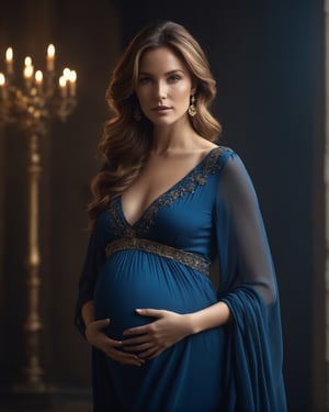 a beautiful pregnant girl in golden brown hair,in a blue dress, inspired by Bastien Lecouffe-Deharme, cg society contest winner, , 8k octan advertising photo, obsidian accents, cinematic promo material, olivia kemp, 2 0 2 2 photo, # oc, in romantic style, a quaint, detailed  grainy cinematic, godlyphoto r3al, detailmaster2, aesthetic portrait, cinematic colors, earthy, moody