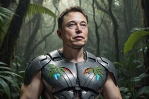 Cinematic Photo:1.3) of (Ultra detailed:1.3) Elon Musk as a muscular AI robot saving humanity, in the rainforest, with the Tesla logo on his chest plate in the style of Bloomsbury group, expressive character design, focus on joints/connections, leaf patterns, playful animation, shaped canvas, soft watercolors, Highly Detailed