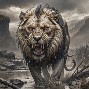 (best quality, high res), ultra-detailed, realistic, portrait, monochrome, soft light, sharp focus, masterpiece:1.2, black_lion with glowing red eyes, dripping wet black mud, dark fierce expression, weathered face, long beard, ferocious gaze, sinister grin, battle scars, strength and power, dominance, authority, proud, mythical, ancient, legendary, luxurious fur trim, deep shadows, intense eyes, harsh environment, menacing atmosphere, full_body,