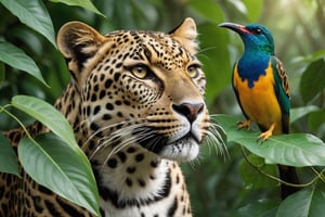 Cinematic Photo:1.3) of (Ultra detailed:1.3)a big leopard male with a Sunbird sitting on its nose, hiding behind the leaves in the rainforest, in the style of Bloomsbury group, expressive character design, focus on joints/connections, leaf patterns, playful animation, shaped canvas, soft watercolors, Highly Detailed