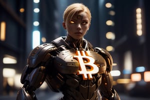 a cute cyborg women with blonde hair made out of metal, cyborg, Bitcoin logo on forehead, intricate details, hdr, intricate details:1.1, hyperdetailed, cinematic shot, vignette, centered), (best quality, 4k, 8k, high res, masterpiece:1.2), ultra-detailed, (realistic, photorealistic, photo-realistic:1.37), metallic fur texture, glowing eyes, mechanical limbs, microscopic engravings, shiny reflective surface, metallic whiskers, sharp metal claws, cybernetic enhancements, sparkling metal reflections, precision engineering, subtle shadows, mysterious atmosphere, vivid colors, sharp focus, innovative design, defocused background, emotive facial expression, strategic lighting, artistic composition, technological marvel,
