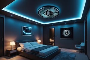 Create an image of a futuristic bedroom with a Bitcoin light on the ceiling