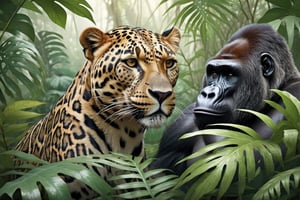 Cinematic Photo:1.3) of (Ultra detailed:1.3)a big leopard male with a GORILLA greyback looking at each other, hiding behind the leaves in the rainforest, in the style of Bloomsbury group, expressive character design, focus on joints/connections, leaf patterns, playful animation, shaped canvas, soft watercolors, Highly Detailed