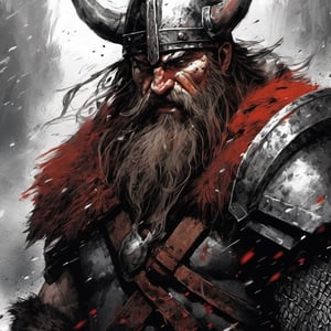 (best quality, high res), ultra-detailed, realistic, portrait, monochrome, soft light, sharp focus, masterpiece:1.2, Viking, Barbarian, axe, dripping wet black mud, dark metal helmet, fierce expression, weathered face, long beard, ferocious gaze, sinister grin, muscular build, sturdy armor, battle scars, red warpaint, cold steel, glistening chainmail, rough texture, warrior, strength and power, dominance, authority, proud, mythical, ancient, legendary, luxurious fur trim, deep shadows, intense eyes, harsh environment, menacing atmosphere, full_body, Leonardo Style, Leonardo mix-3