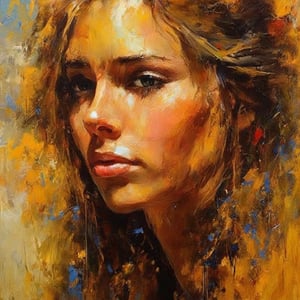 new art, face art: European women, Satara by Johnny Taylor, in the style of brushstroke-intensive portraits, cinematic elegance, golden light, multi-color, dark proportions, flowing brushwork, multilayered realism, feminine themes, dripping paint