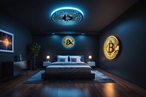 Create an image of a futuristic bedroom with a Bitcoin light on the ceiling