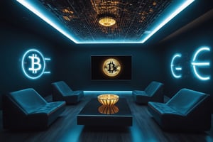 Create an image of a futuristic lounge with a Bitcoin light on the ceiling