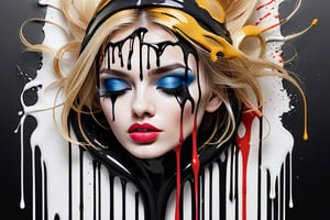 Stylish blonde woman, white background, -tilde -art, aw0k paint dripping makeup,High detailed ,detailmaster2