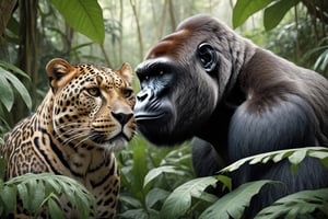 Cinematic Photo:1.3) of (Ultra detailed:1.3)a big leopard male with a GORILLA greyback looking at each other, hiding behind the leaves in the rainforest, in the style of Bloomsbury group, expressive character design, focus on joints/connections, leaf patterns, playful animation, shaped canvas, soft watercolors, Highly Detailed
