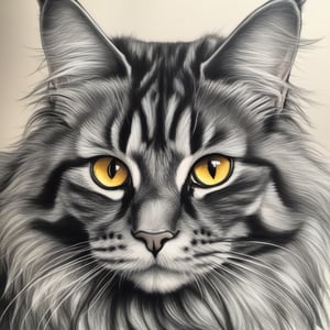 Create A pencil sketch of a Main Coon Cat with golden brown eyes. Dark energy emitting, death aura , sharp focus, high quality, high detailed.