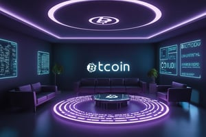 Create an image of a futuristic lounge with a Bitcoin light on the ceiling