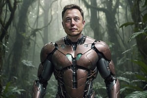 Cinematic Photo:1.3) of (Ultra detailed:1.3) Elon Musk as a muscular AI robot saving humanity, in the rainforest, with the Tesla logo on his chest plate in the style of Bloomsbury group, expressive character design, focus on joints/connections, leaf patterns, playful animation, shaped canvas, soft watercolors, Highly Detailed