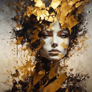 new art, full face art: painting of a woman with a cracked porcelain face, fragmented, abstract portrait, Nicolas Delort, surreal dark art, stefan gesell, shattered, dark schizophrenia portrait, inspired by Igor Morski, shattered abstractions, broken mirror, broken mirrors composition, shattered wall, 4k European women, Satara by Johnny Taylor, in the style of brushstroke-intensive portraits, cinematic elegance, golden light, multi-color, dark proportions, flowing brushwork, multilayered realism, feminine themes, dripping paint