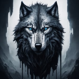 (best quality, high res), ultra-detailed, realistic, portrait, monochrome, soft light, sharp focus, masterpiece:1.2, wolf with glowing blue eyes, dripping wet black mud, dark fierce expression, weathered face, long beard, ferocious gaze, sinister grin,  battle scars,  strength and power, dominance, authority, proud, mythical, ancient, legendary, luxurious fur trim, deep shadows, intense eyes, harsh environment, menacing atmosphere, full_body, Leonardo Style, Leonardo mix-3, Leonardo Style,Gric