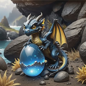 baby dragon hatching out of a blue egg(4k), (masterpiece), (best quality), (extremely intricate), (realistic), (sharp focus), (award-winning), (cinematic lighting), (extremely detailed), black skin, big ears, big yellow eyes, crystals, cliff side background, fantasy, magic, glow, dim lighting, misty, gems, adventure,