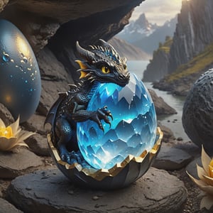 baby dragon hatching out of a blue egg(4k), (masterpiece), (best quality), (extremely intricate), (realistic), (sharp focus), (award-winning), (cinematic lighting), (extremely detailed), black skin, big ears, big yellow eyes, crystals, cliff side background, fantasy, magic, glow, dim lighting, misty, gems, adventure,